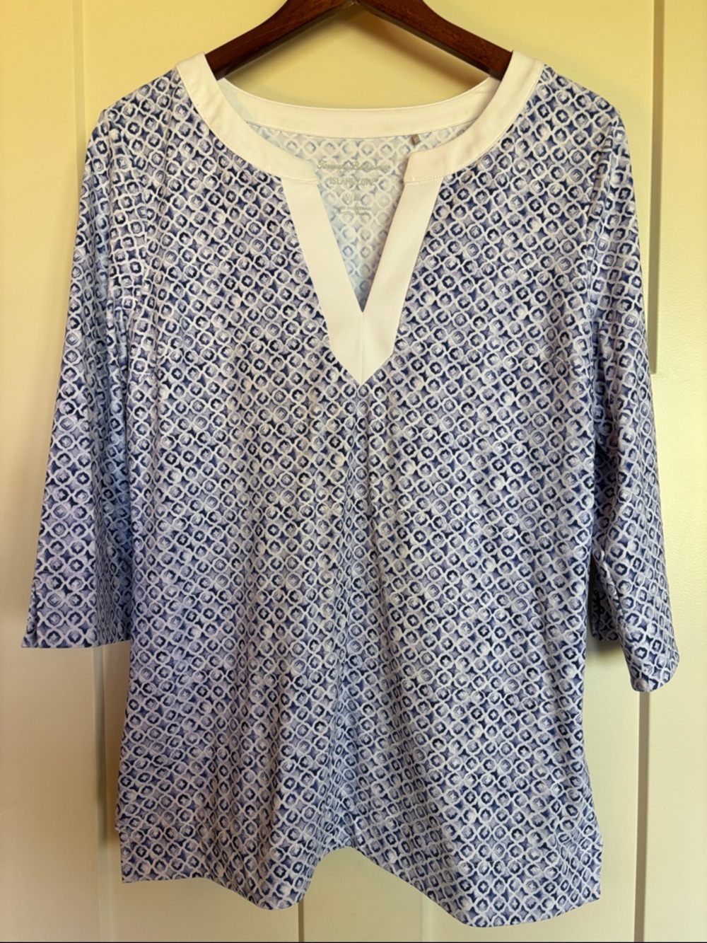 Tommy Bahama Blue & White Geometric Split-Neck Tunic